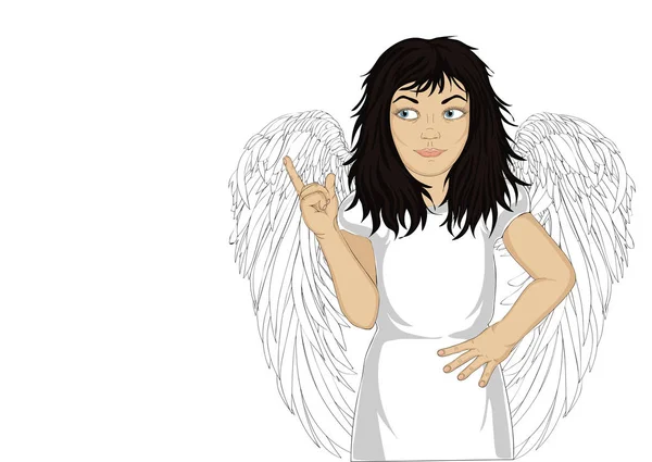 Entusiasta chica ángel con hermosas alas sonriendo y mostrando — Vector de stock