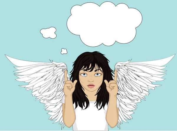 Enthousiaste meisje engel met mooie vleugels glimlachend en weergegeven: — Stockvector