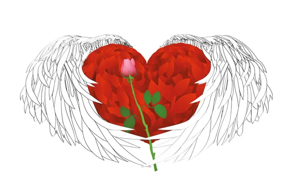 Διακοσμητική καρδιά με γραφικό φτερούγες, κρατώντας ένα τριαντάφυλλο. — Διανυσματικό Αρχείο