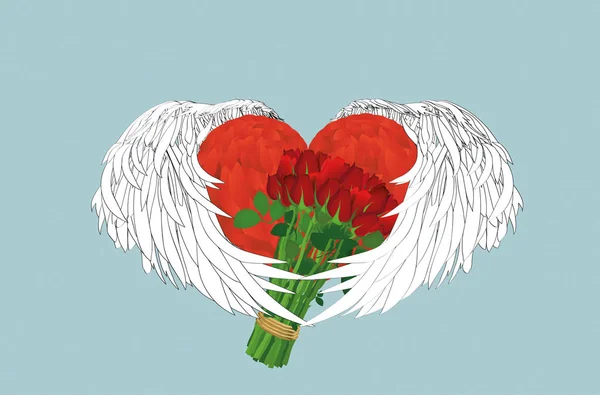 Dekorační srdce s křídly drží kytici květin. Dárek — Stockový vektor