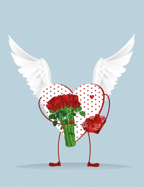 Decorative heart with wings and legs holding a bouquet of flower — Stock Vector