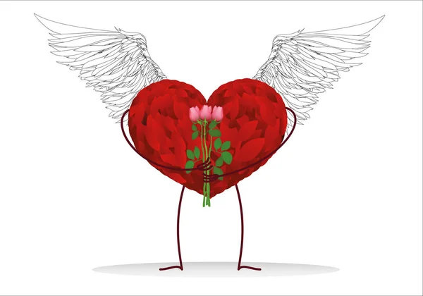 Decoratieve hart met vleugels en poten houden een boeket van bloem — Stockvector