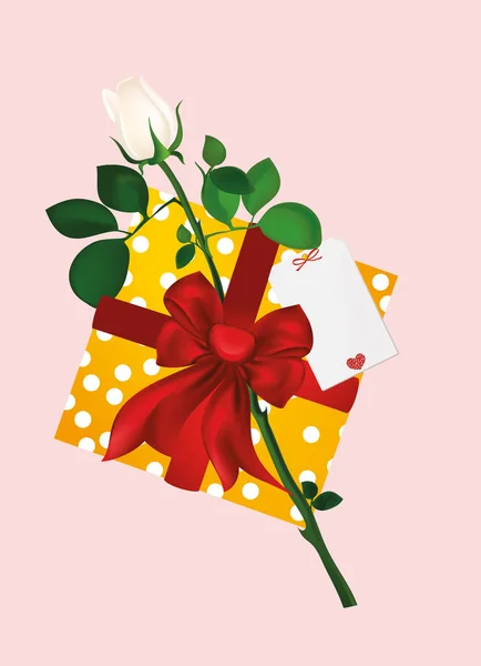 Weiße Rose mit Geschenkkarton und leerer Blankokarte für Nachricht oder Text — Stockvektor