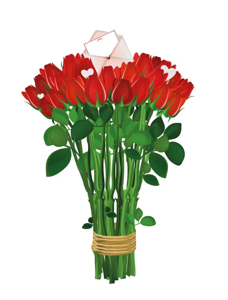 Bouquet de fleurs rouges. Roses attachées avec une corde avec enveloppe — Image vectorielle