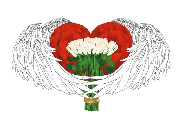 Dekoratives Herz mit Flügeln, das einen Blumenstrauß hält. — Stockvektor