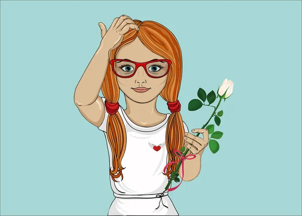 Niña con gafas pensando. El niño sostiene una rosa blanca . — Vector de stock