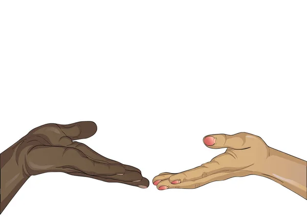Hands of a black man and a white woman is drawn into each other — Stock Vector