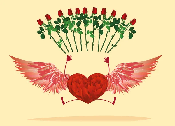 Rood hart met benen en mooie vleugels. teruggestuurd en verhogen — Stockvector