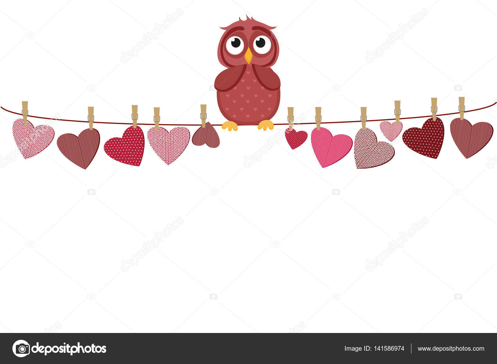 Ein rotes Herz mit einem Bild, das an einem Seil hängt. Niedliche Eule  sitzt Stock-Vektorbild von ©Gala2205 141586974, image size:1600x1173