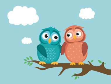 Şirin owlet bir dal üzerinde oturan bir çift. Baykuşlar love Hearts çevrelerindeki.
