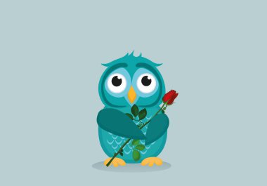 Şirin mavi owlet vermek için bekleyen bir çiçek hediye olarak kırmızı gül 