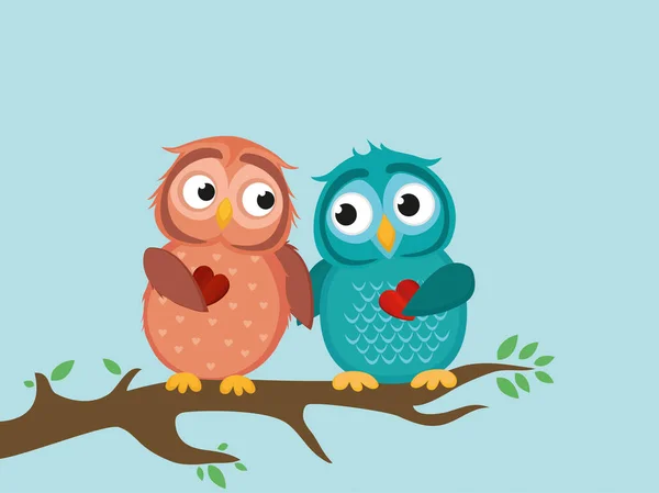 에 앉아 귀여운 owlet의 쌍입니다. 사랑 개최 마음에 올빼미 — 스톡 벡터