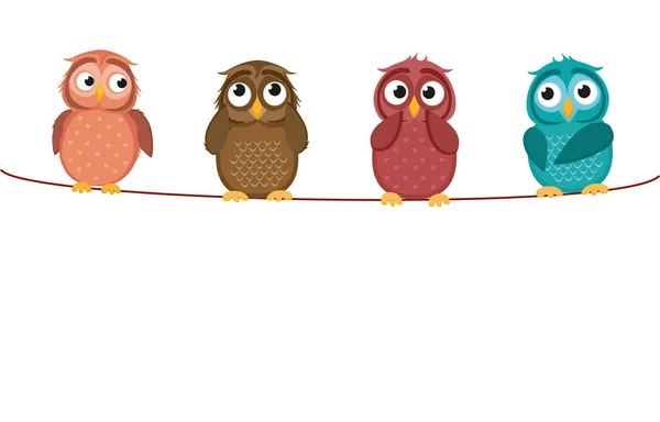 Чотири милі кольорові сови, що сидять на мотузці. Вітальна листівка — стоковий вектор