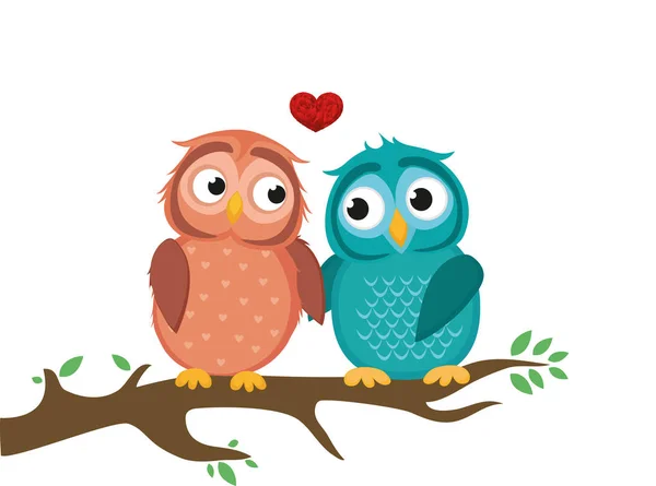 A pair of cute owlet sitting on a branch. Owls in love hearts — Stock Vector