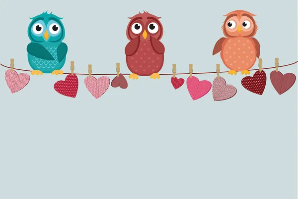 Three cute colored owlet sitting on a string. A red hearts — Stock Vector