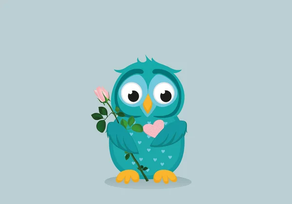 Lindo búho azul esperando para dar una de rosa flor y corazón — Vector de stock