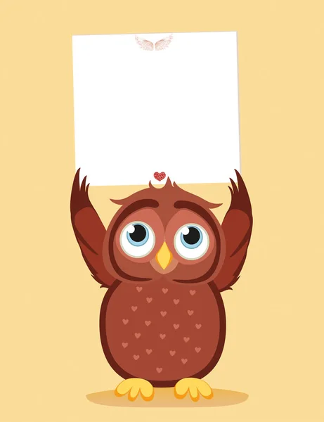 Cute colored owlet holding a blank poster Blank for your text — Stock Vector