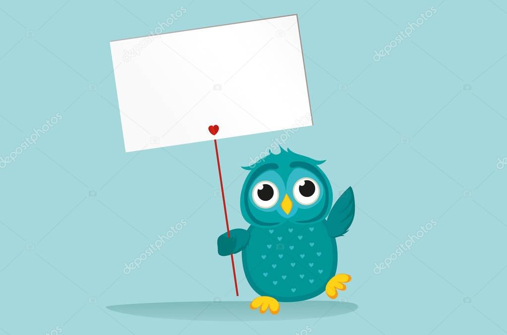 Cute colored owlet holding a blank poster Blenk for your text 