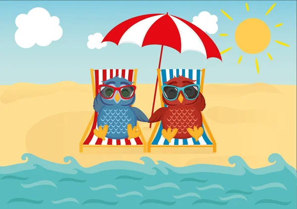 Cute two owls with sunglasses on vacation lying down on the beach — Stock Vector