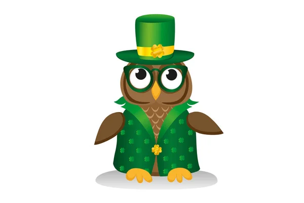 Chouette en costume vert traditionnel et lunettes le jour de Patrick . — Image vectorielle