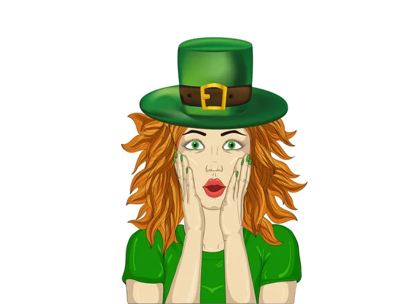 Wow. Girl in hat  hat  St. Patrick's Day, very surprised. — Stock Vector