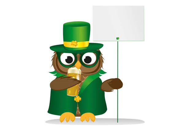 Coruja feliz com cerveja em um traje nacional e chapéu em St. Patrick —  Vetores de Stock