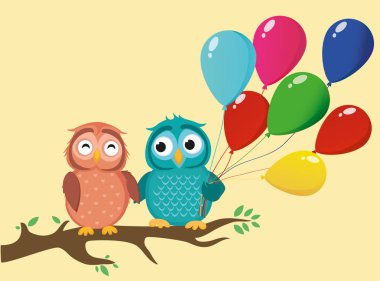 Bir dal üzerinde oturan ve birçok balon tutan şirin owlet bir çift