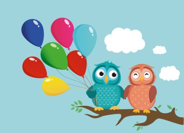 Bir dal üzerinde oturan ve birçok balon tutan şirin owlet bir çift