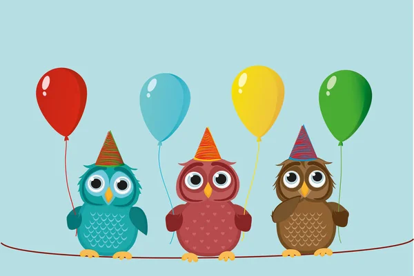 Three cute colored owls sitting on a rope and holding balloons. — Stock Vector