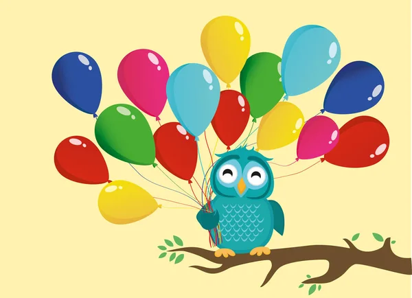 Niedliche Eule sitzt auf einem Ast und hält viele bunte Luftballons. — Stockvektor