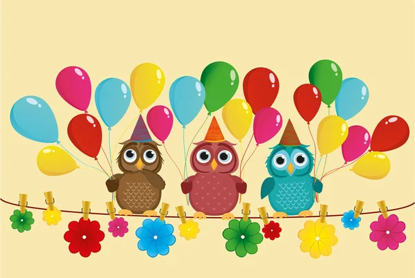 Three lovely owls sit on a rope and hold balloons. Birthday. — Stock Vector