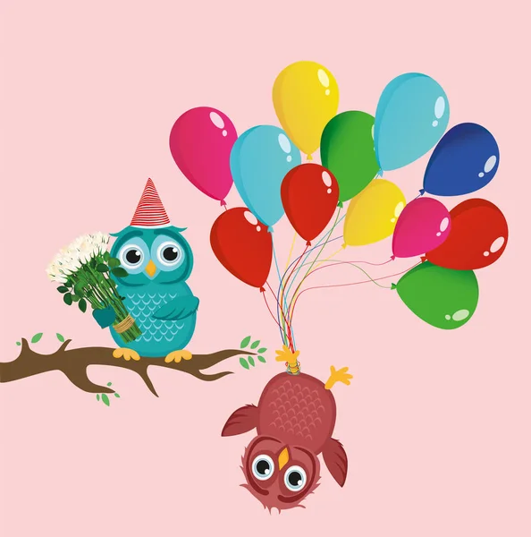 Niedliche Eule sitzt auf einem Ast und hält viele bunte Luftballons. — Stockvektor