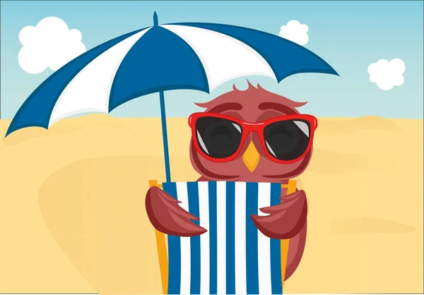 Leuke uil met zonnebril op vakantie op het strand liggen — Stockvector