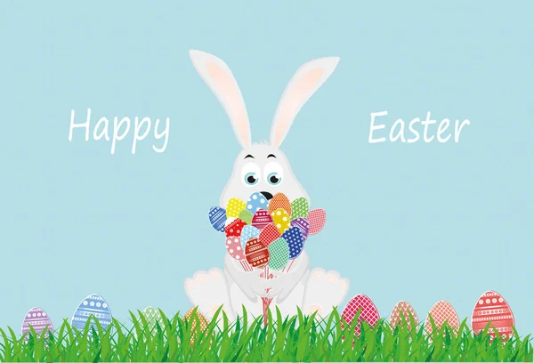 Coniglio carino con un mazzo di uova di Pasqua. Una lepre con fiori — Vettoriale Stock