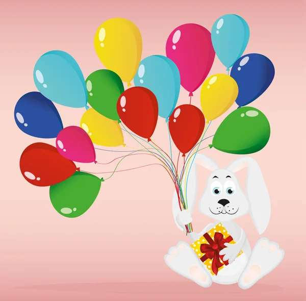 Een konijn met ballonnen en een verjaardagscadeau. Vector. Wenskaart — Stockvector