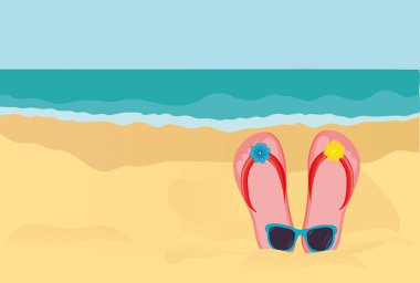 Parmak arası terlik ve okyanusun kumlu sahilde güneş gözlüğü. Vektör
