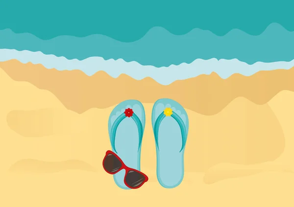 Tongs et lunettes de soleil sur le rivage sablonneux de l'océan. Vecteur — Image vectorielle