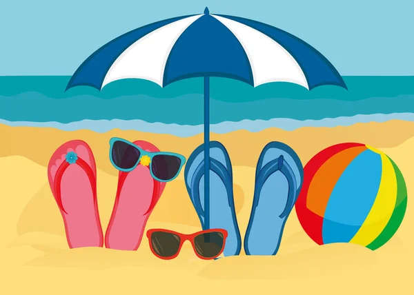 Flip-flops and sunglasses with a beach umbrella on the sandy beach — Stock Vector
