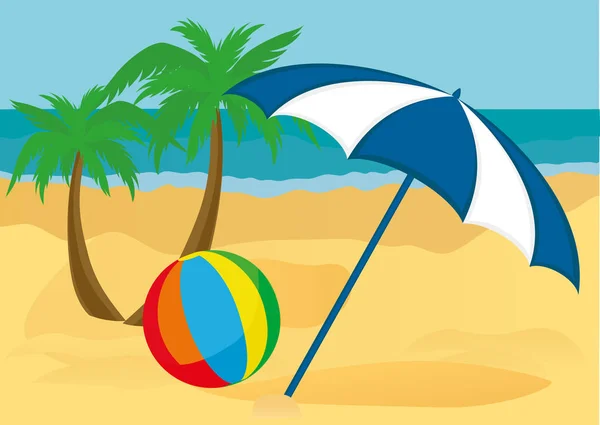 Le concept de vacances à la plage. Parapluie avec une boule sur le sable — Image vectorielle