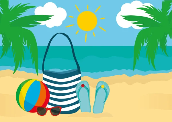 Zomer accessoires voor het strand. Tas, zonnebrillen, slippers, bal. Tegen de achtergrond van de zon, de zee en de palmbomen. Vector — Stockvector