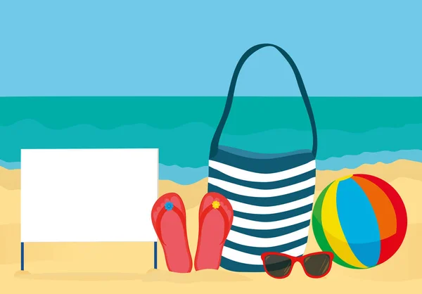 Zomer accessoires voor het strand. Tas, zonnebrillen, slippers, bal. Leeg formulier of kaart voor tekst of reclame. Tegen de achtergrond van de zee. Vector — Stockvector