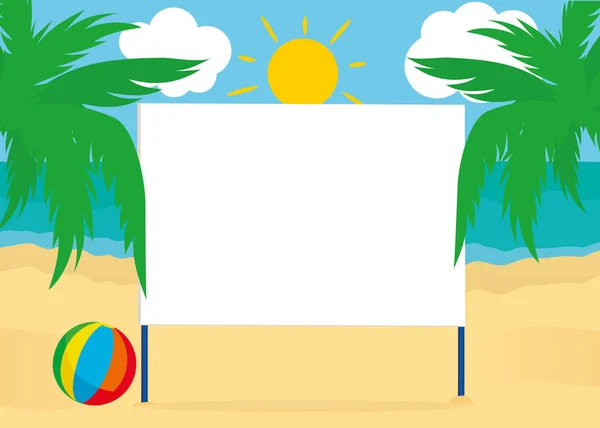 На фоне пляжа с пальмами пустой плакат с рекламным щитом. Для вашего текста или рекламы. Свободное место. Вектор. Мяч . — стоковый вектор