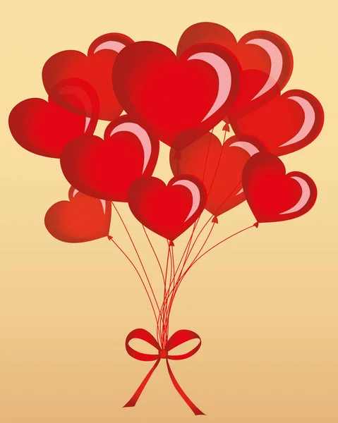 Balões em forma de coração enfaixado com fita e arco —  Vetores de Stock