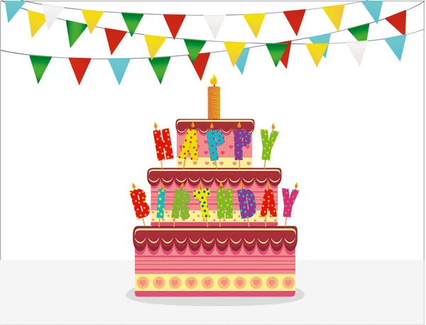 Grande bolo festivo com letras de vela Feliz aniversário. Cartão de saudação —  Vetores de Stock