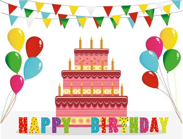 Торт зі свічками з днем народження та повітряними кулями. Вітальна листівка — стоковий вектор