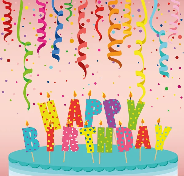 Um bolo grande festivo com velas. Cartas Feliz Aniversário. Confetti. — Vetor de Stock