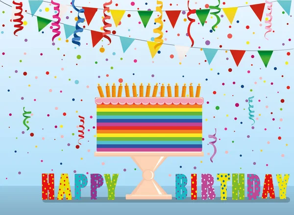 Праздничный разноцветный и радужный большой торт со свечами — стоковый вектор