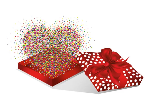 Open the gift red box with flying multicolored confetti shape of hearts — Stock Vector