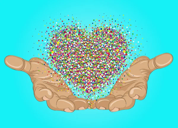 De palmas abertas voar confete multi-colorido na forma de coração . — Vetor de Stock