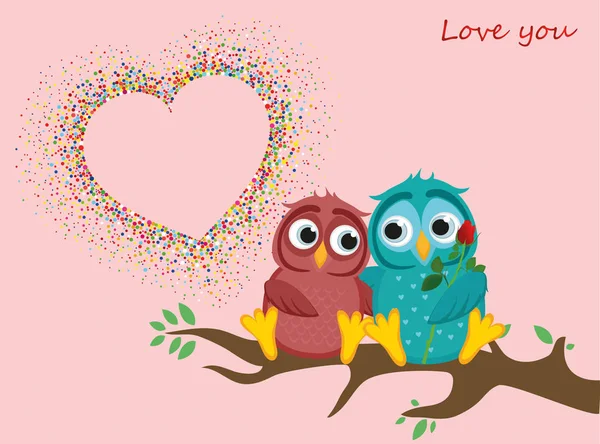 Baykuşlar aşık çifti. Vektör. Kalp şeklinde renkli konfeti — Stok Vektör